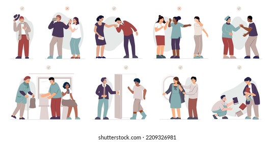 Social etiquette flat set of well mannered people who observe delicacy in communication isolated vector illustration