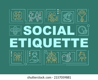 Social-Etiquette Wort Konzepte dunkelgrüne Banner. Mannschaften und Verhalten. Infografiken mit Symbolen auf Farbhintergrund. Alleinstehende Typografie. Vektorgrafik mit Text. Arial-Black-Schriftart verwendet