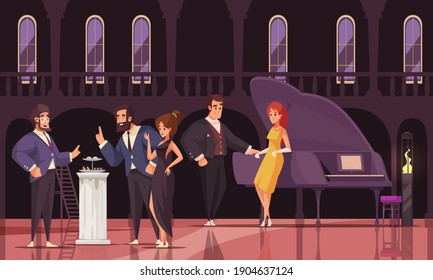 Social event with group of rich people on prestigious party in fashionable place flat vector illustration