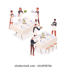 Social event isometric vector flat illustration. Catering, service staff and waiter preparing to meal isolated on white background. Cartoon character ready celebration table to festive banquet.