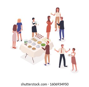 Social event, stand-up meal isometric vector illustration. Corporate party, soiree, celebration. Male waiter and party visitors cartoon characters. Banquet isolated on white background.