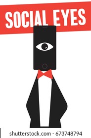 Social eyes concept. Looking through mobile phones. Man wearing suit with mobile head