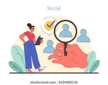 Social factor in PEST analysis. Marketer scrutinizing societal trends with demographic profiling. Social influence on business strategy. Flat vector illustration.