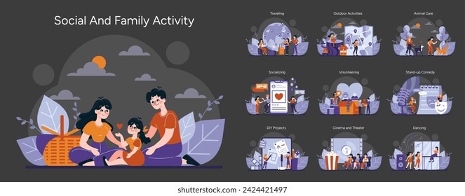 Conjunto de actividades sociales y familiares. Momentos alegres desde el viaje al bricolaje, que abarcan la diversión al aire libre, el cuidado de las mascotas y la participación en las artes. Captura el ocio y el vínculo. Ilustración de vector