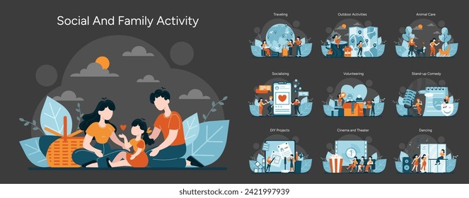 Social and Family Activity set. Bonding moments and shared experiences. Picnics, travel, hobbies, volunteering, and performances. Diverse leisure scenarios. Vector illustration