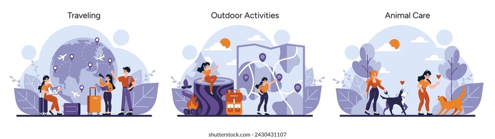 Social and family set. Experiences from globe-trotting to hiking, and pet interaction, depicting family bonds and outdoor pursuits. Moments of exploration and care. Vector illustration