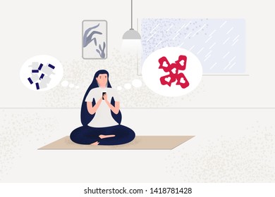 Social, favored time, recreational activities concept. Young woman sitting on the floor in the room, thinking and want to a lot of like notifications. The hand holding and using his mobile.