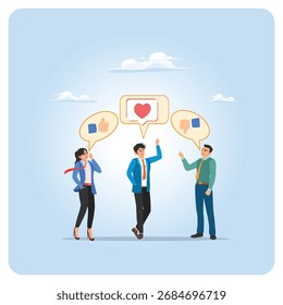 Concepto de Comentarios social. Tres profesionales que participan en una animada discusión, dando su opinión con el pulgar hacia arriba, pulgar hacia abajo Comentarios.