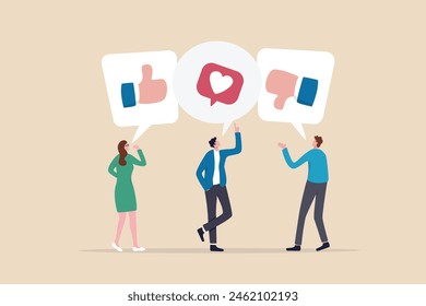 Social feedback, opinion or business advice, employee discussion, debate or customer comment, social media positive and negative feedback, people giving opinion with thumb up, thumb down feedback.