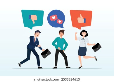 Social feedback, opinion or business advice, employee discussion, debate or customer comment, social media positive and negative feedback, people giving opinion with thumb up, thumb down feedback