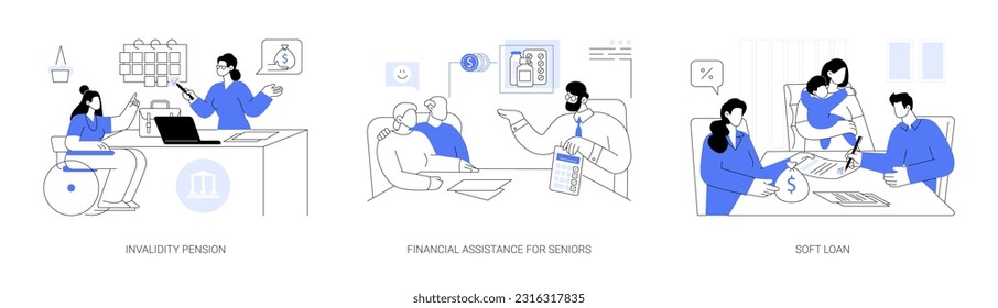 Conjunto de ilustraciones vectoriales de concepto abstracto de ayuda financiera social. Pensión por discapacidad, asistencia financiera para adultos mayores, ciudadanos firmando documentos para préstamos en condiciones favorables, prestaciones familiares metáforas abstractas.