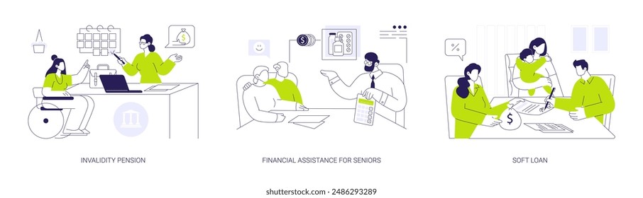 Social financial aid abstract concept vector illustration set. Disability pension, financial assistance for seniors, citizens signing documents for soft loan, family benefits abstract metaphor.