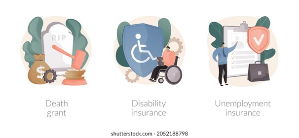 Social Financial Support Abstract Concept Vector Illustration Set. Death Grant, Disability Insurance, Unemployment Insurance, Lost Job, Paper Work, Workers Compensation, Payment Abstract Metaphor.