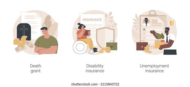 Social Financial Support Abstract Concept Vector Illustration Set. Death Grant, Disability Insurance, Unemployment Insurance, Lost Job, Paper Work, Workers Compensation, Payment Abstract Metaphor.