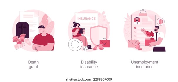 Social financial support abstract concept vector illustration set. Death grant, disability insurance, unemployment insurance, lost job, paper work, workers compensation, payment abstract metaphor.