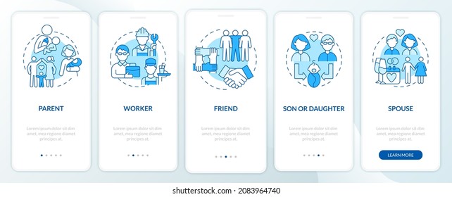 Ejemplo de función social pantalla azul de la página de aplicación móvil. Rol en el tutorial de la comunidad 4 pasos instrucciones gráficas con conceptos. UI, UX, plantilla de vector GUI con ilustraciones de color lineales