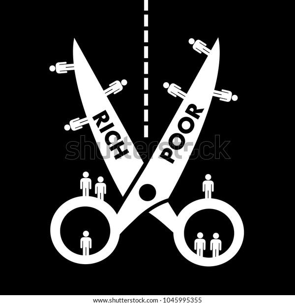 Social gap based on\
wealth, possession and owning property - wide scissors with poor\
and rich people. Soceity and financial inequality and\
stratification. Vector\
illustration.