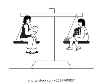 The social gap between the two women, namely the same age but different professions due to social factors that influence, black and white outline style, social issues vector illustration.