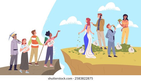 Social gap. Society inequality, capitalism problem different classes financial income poor and rich people crack between poverty or wealthy elite, classy vector illustration original artwork