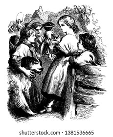 A social gathering in which some children are engaged in conversation out of which one has his arm around the neck of a dog and a girl is jumping rope in the background, vintage line drawing