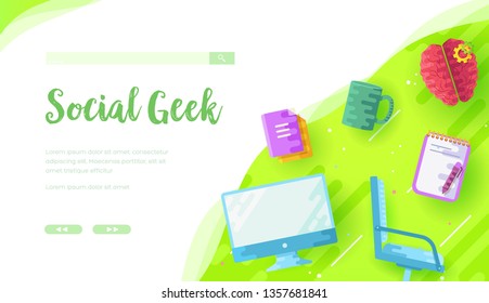 Social geek vector landing page template. Children hobbies, pastime web banner layout design. Online courses, e-learning website. Extracurricular activities for teenagers flat illustration