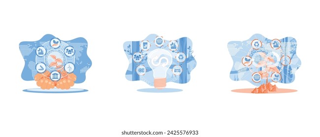 Social y Gobernanza. Economía circular.  Desarrollo sostenible en energías renovables.  Conjunto vector plano ilustración moderna 