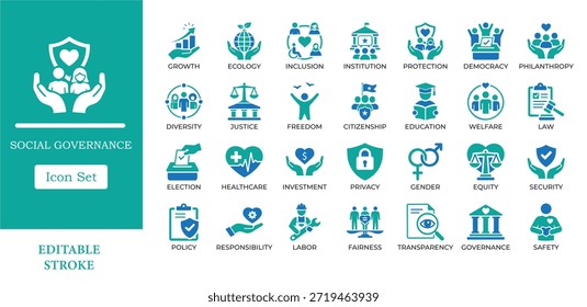 Iconos sólidos de gobernanza social. Incluyendo símbolos de democracia, ASG, derechos humanos y justicia social. Vector editable para políticas públicas, App sin fines de lucro e informes corporativos.
