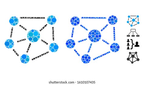 Social graph composition of circle elements in various sizes and color tones, based on social graph icon. Vector circle elements are organized into blue collage.