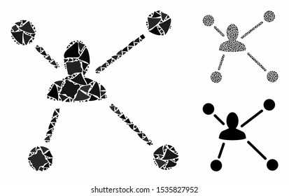 Social graph composition of inequal pieces in variable sizes and color tinges, based on social graph icon. Vector abrupt pieces are united into illustration.