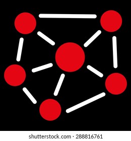 Social graph icon from Business Bicolor Set. This flat vector symbol uses red and white colors, rounded angles, and isolated on a black background.