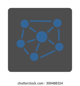 Social graph icon. This flat rounded square button uses cobalt and gray colors and isolated on a white background.