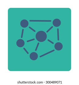 Social graph icon. This flat rounded square button uses cobalt and cyan colors and isolated on a white background.