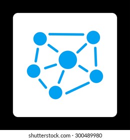 Social graph icon. This flat rounded square button uses blue and white colors and isolated on a black background.