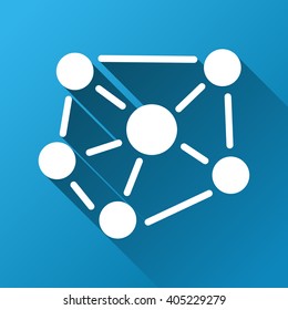 Social Graph vector toolbar icon for software design. Style is a white symbol on a square blue background with gradient long shadow.