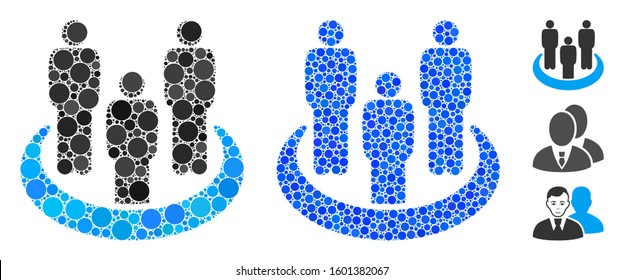 Social group composition of filled circles in various sizes and color hues, based on social group icon. Vector filled circles are composed into blue composition.