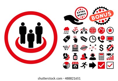 Social Group icon with bonus elements. Vector illustration style is flat iconic bicolor symbols, intensive red and black colors, white background.