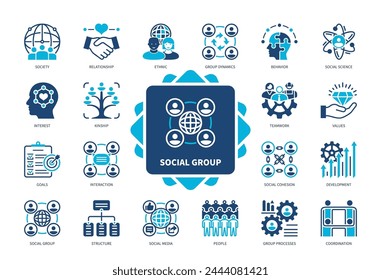 Sozialgruppensymbolsatz. Gesellschaft, Beziehung, sozialer Zusammenhalt, Struktur, Koordination, Werte, Verhalten, Interaktion. Zweifarbige Volltonsymbole