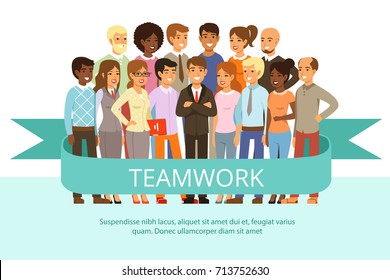 Social group on the work. Office people in casual clothes. Big corporate family. Vector characters in cartoon style. Team work group people, business teamwork company cooperation illustration