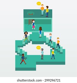 Social Group of People in Cube Interior with Staircase Conceptual Vector Design