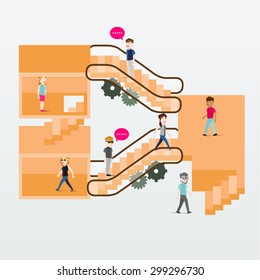 Social Group of People in Cube Interior with Escalator and Staircase Conceptual Vector Design