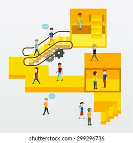 Social Group of People in Cube Interior with Escalator and Staircase Conceptual Vector Design