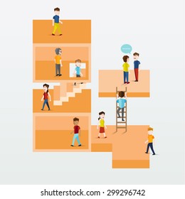 Social Group of People in Cube Interior with Staircase Conceptual Vector Design