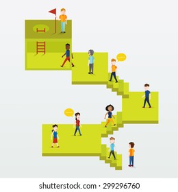 Social Group of People in Cube Interior with Staircase Conceptual Vector Design