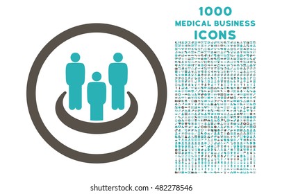 Social Group rounded vector bicolor icon with 1000 medical business icons. Set style is flat pictograms, grey and cyan colors, white background.
