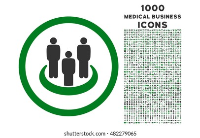 Social Group rounded vector bicolor icon with 1000 medical business icons. Set style is flat pictograms, green and gray colors, white background.