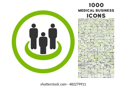 Social Group rounded vector bicolor icon with 1000 medical business icons. Set style is flat pictograms, eco green and gray colors, white background.