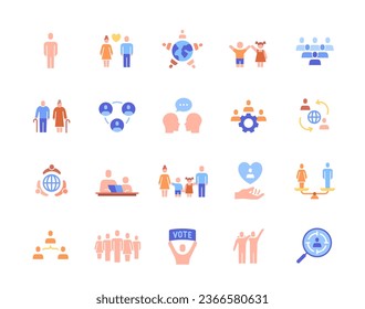 Social groups and community icon set. Colorful stickers with children, business partners, family, seniors, races, generations and voters. Cartoon flat vector collection isolated on white background