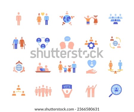 Social groups and community icon set. Colorful stickers with children, business partners, family, seniors, races, generations and voters. Cartoon flat vector collection isolated on white background