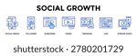 Social Growth Banner Web Icon Set Collection Pack Vector Illustration Concept Containing Social Media, Follower, Subscribe, Views, Trending, Live, Stream Video