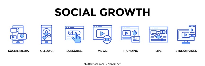 Social Growth Banner Web Icon Set Collection Pack Vector Illustration Concept Containing Social Media, Follower, Subscribe, Views, Trending, Live, Stream Video